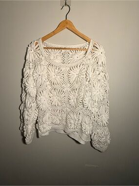 Crochet Floral Openwork Sweater - Cream